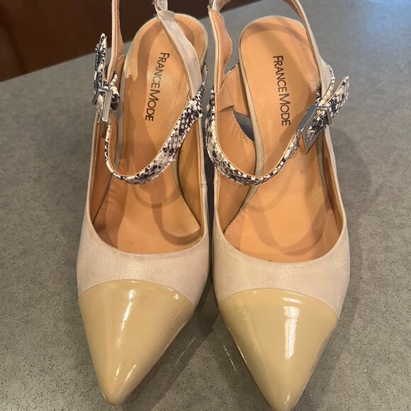 France Mode Taupe Leather Heel Slingbacks with Snakeskin detail 36.5/6 - Picture 2 of 11